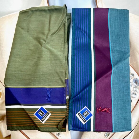 New Set of 2 Men Yves Saint Laurent Handkerchiefs Blue Green 17" x17"(S87 - Picture 1 of 13